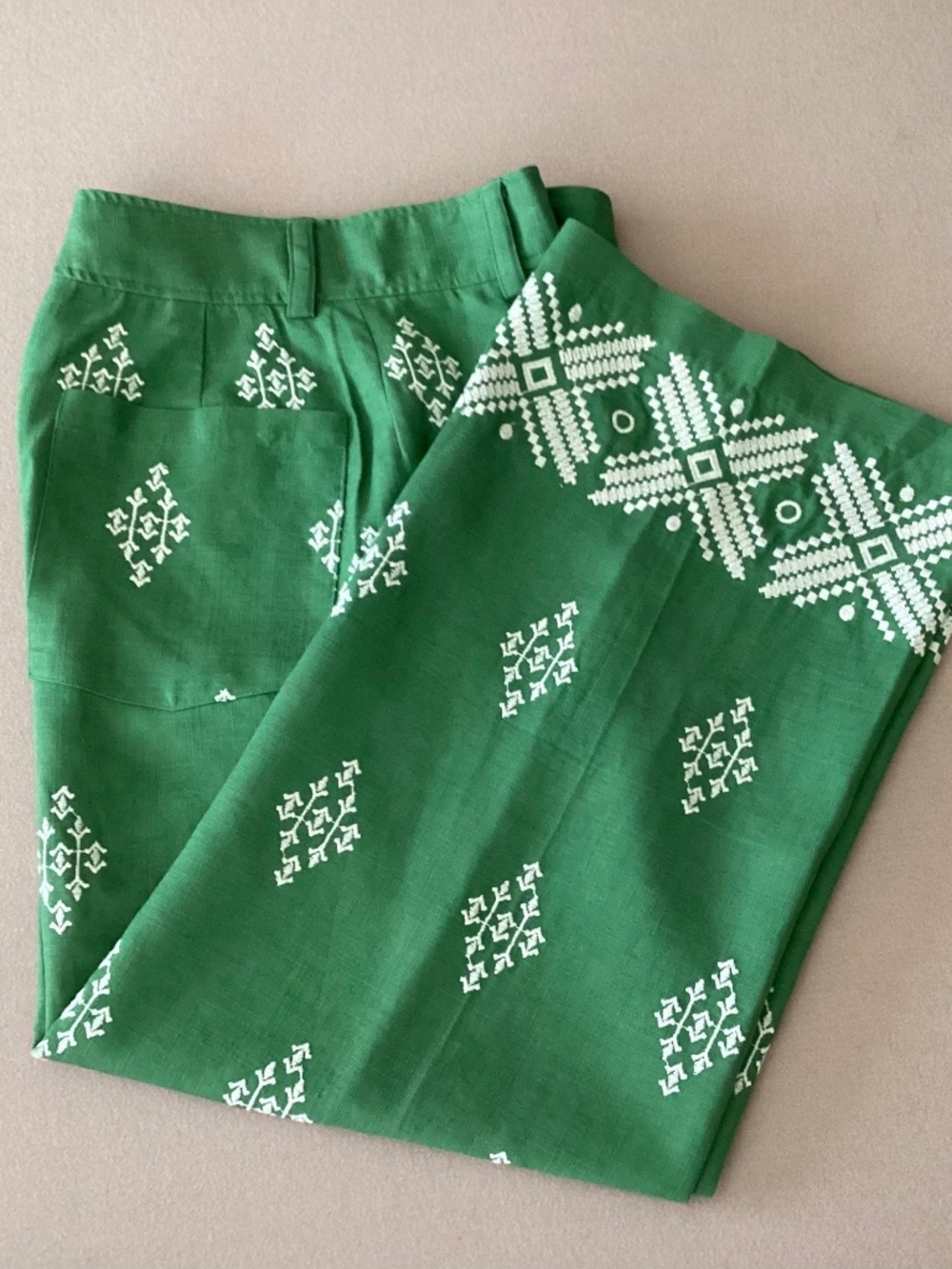 HAUTE HIPPIE EMBROIDERED GREEN LINEN BLEND HIGH RISE CROP PANTS SIZE 4